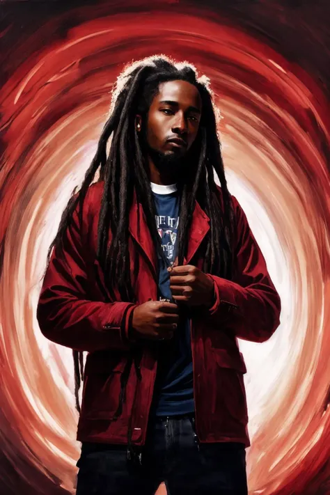 A digital painting of black man with long dreadlock hair wearing a red jacket, <lora:DIG_JBX:1> DIG_JBX,  good brushwork, dramatic lighting