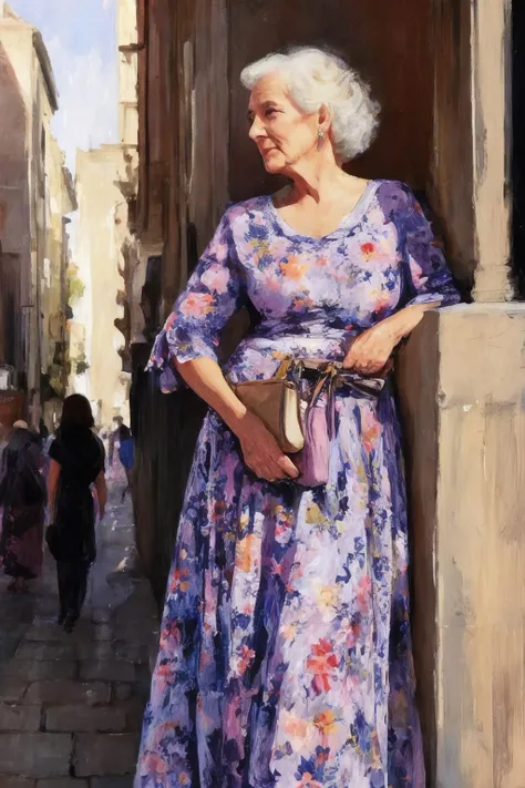 A digital painting of an older woman leaning against a wall in a busy street, she is dressed in a long floral dress, <lora:CT_JBX:0.6> CT_JBX , <lora:DIG_JBX:1> DIG_JBX, dramatic lighting, good brushwork