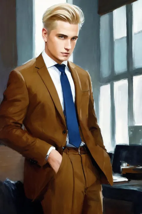 A digital painting of man with short blond hair wearing a business suit, <lora:DIG_JBX:1> DIG_JBX,  good brushwork, dramatic lighting