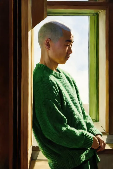 ((A digital painting)) of Chinese man with shaved hair wearing a green jumper, looking out of a sunny window, <lora:DIG_JBX:1.2> DIG_JBX, ((good brushwork)), dramatic lighting