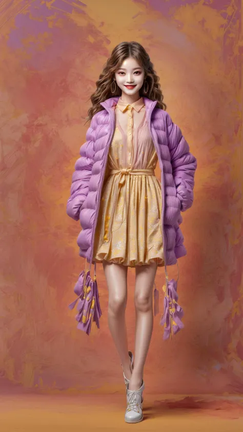 masterpiece, best quality,highres, 1girl, colorfashionstyle, <lora:colorfashionstyle_v1:0.7>, full body, <lora:fashigirl-v5.5-lora-naivae-64dim:0.4>, <lora:add_detail:0.7>, <lora:hairdetailer:0.7>, light smile, yellow and purple theme