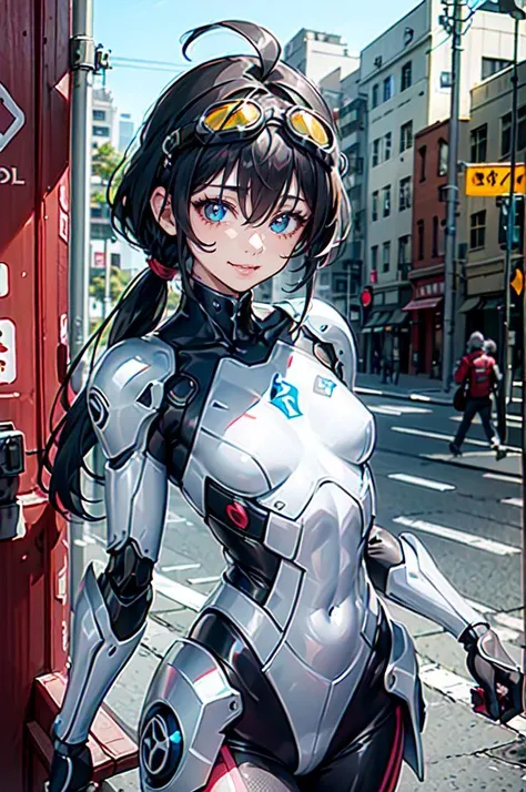 <lora:cyber_20230605125330:0.7> mecha, cowboy shot, (goggles on head:1.3),, ultra detailed, masterpiece, best quality, aesthetic, detailed,, solo, smile, 1girl, aqua eyes, black hair, <lora:low_ponytail-1.0:1> low ponytail, ahoge, absurdly long hair, very long hair, hair flaps, hair between eyes, bangs, crossed bangs, messy hair, small breasts, goggles on head, closed mouth,