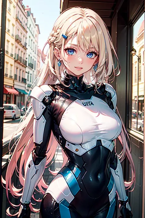 <lora:cyber_20230605125330:0.7> mecha,, ultra detailed, masterpiece, best quality, aesthetic, detailed,, solo, soft smile, light smile,
1girl, blue eyes, very long hair, blonde hair, long blonde hair, french braid, bangs, medium breasts,