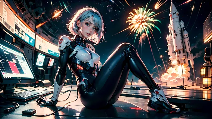 pov from side, 1girl,(cowboy shot:1.2), sitting, (legs crossed:1.2),(sfw:1.2), space station,mecha,evil grin,<lora:cyber_20230605125330:0.5>, remote in hand, pressing button, (big exploding spacestation in background:1.3) <lora:epi_noiseoffset2:0.5>