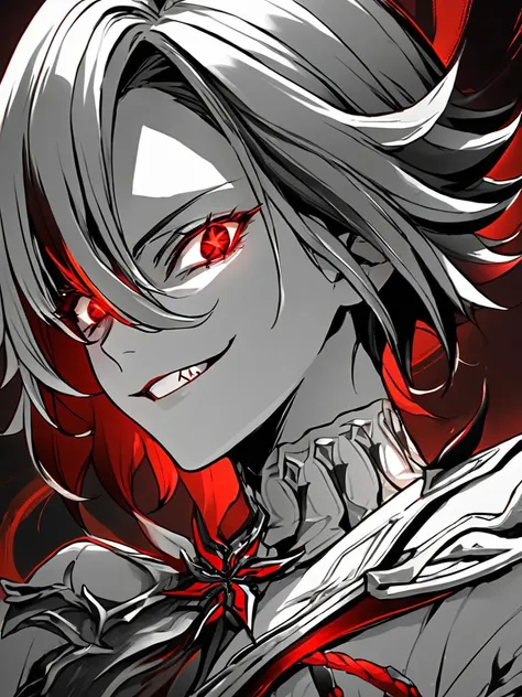 unholy-aesthetic,masterpiece,best quality,amazing quality,very aesthetic,absurdres,ultra detailed face,ultra detailed eyes,
BREAK
arlecchino \(genshin impact\),  1girl, black suit, white hair, red X-shaped pupils, knife collection, bloodstained gloves, dimly lit office, paper shreds floating, shadowy tendrils, cigarette smoke, cold smirk, portrait: rule of thirds, monochrome palette, crimson accents, executioner vibe, hidden blades, drip effect (ink-like blood), sinister elegance, flickering neon sign, noir detective aesthetic