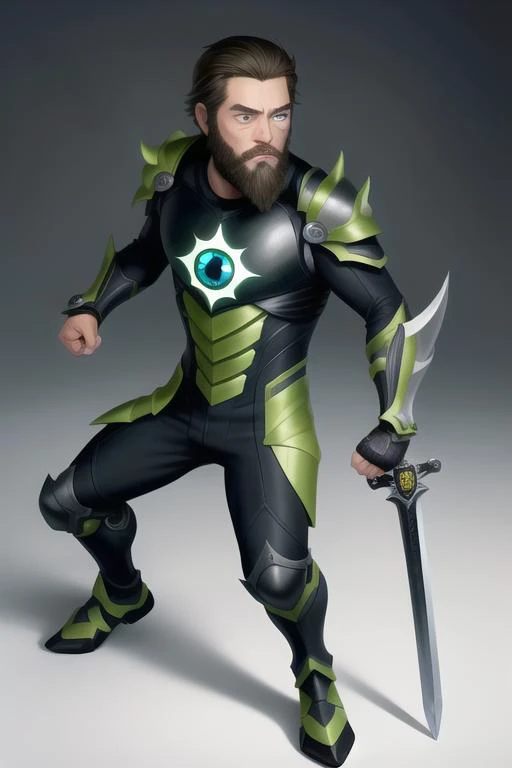 Green capsule villain, with a shield in his left hand and a sword in his right hand, a little younger
