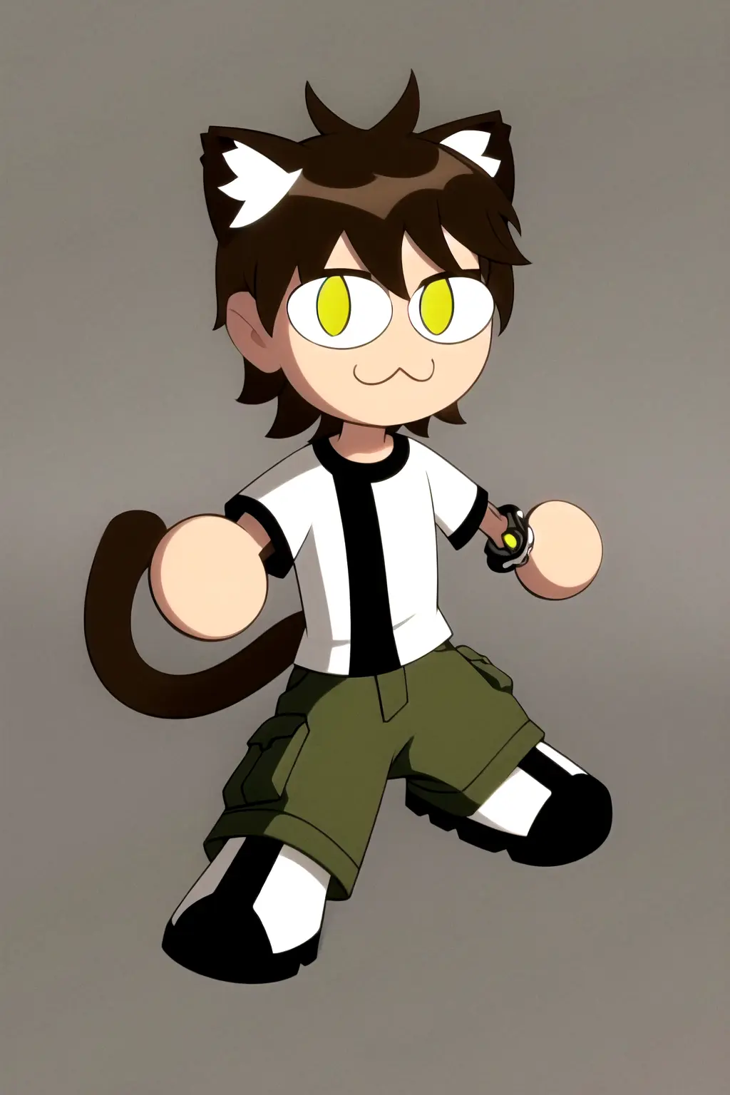 masterpiece, best quality, 1boy, bentennyson, green eyes, full body, :3, cat ears, chibi, cat girl, cat tail, solo, slit pupils, cargo pants, shirt, bracelet, simple background <lora:Ben10:1> <lora:necoArcCharacters_necoArcv3final:1>