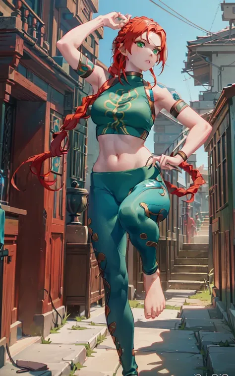 anime, hda, a close up of a woman with ((red braided low ponytail hair)) and (((the most beautiful green eyes))) in (((blue yoga pants outfit))), (((determined)), 8k, Unreal Engine 5, octane render, by kyun, gamang, Yoon Gon-Ji, g.ho, gosonjak, shuroop, serious, domi, noah, trending on pixiv, fanbox, skeb, masterpiece, detailed face, smooth soft skin, big dreamy eyes, beautiful intricate colored hair, symmetrical, anime wide eyes, soft lighting, concept art, digital painting, <lora:hda:0.4>,