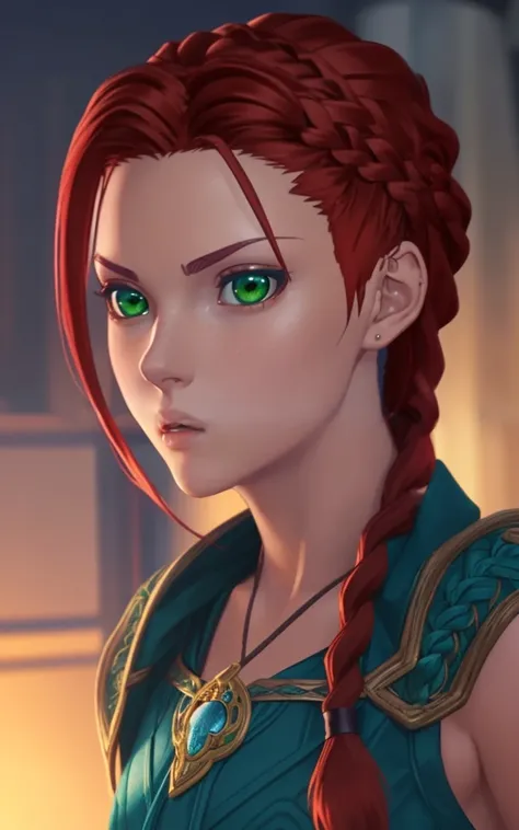 anime, hda, a medium up of a woman with (((red braided low ponytail hair))) and (((the most beautiful green eyes))) in (((blue outfit))), (((determined)), 8k, Unreal Engine 5, octane render, by kyun, gamang, Yoon Gon-Ji, g.ho, gosonjak, shuroop, serious, domi, noah, trending on pixiv, fanbox, skeb, masterpiece, detailed face, smooth soft skin, big dreamy eyes, beautiful intricate colored hair, anime wide eyes, soft lighting, concept art, digital painting, <lora:hda:0.4>,