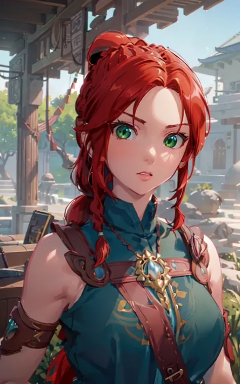 anime, hda, a close up of a woman with ((red braided low ponytail hair)) and (((the most beautiful green eyes))) in (((blue outfit))), (((determined)), 8k, Unreal Engine 5, octane render, by kyun, gamang, Yoon Gon-Ji, g.ho, gosonjak, shuroop, serious, domi, noah, trending on pixiv, fanbox, skeb, masterpiece, detailed face, smooth soft skin, big dreamy eyes, beautiful intricate colored hair, symmetrical, anime wide eyes, soft lighting, concept art, digital painting, <lora:hda:0.4>,