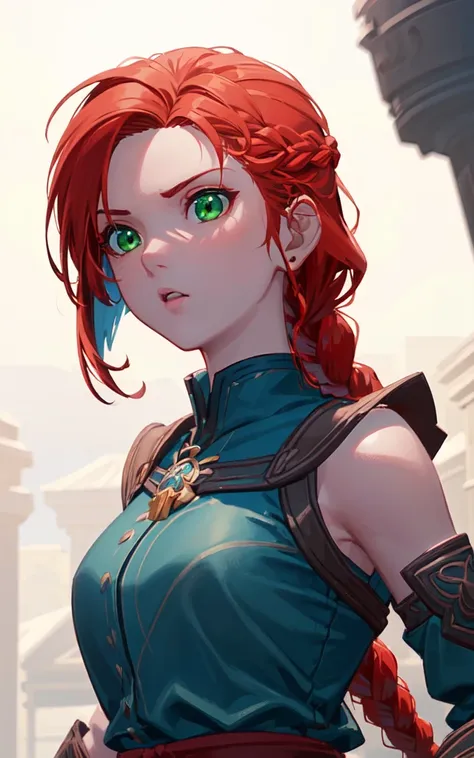 anime, hda, a close up of a woman with ((red braided low ponytail hair)) and (((the most beautiful green eyes))) in (((blue outfit))), (((determined)), 8k, Unreal Engine 5, octane render, by kyun, gamang, Yoon Gon-Ji, g.ho, gosonjak, shuroop, serious, domi, noah, trending on pixiv, fanbox, skeb, masterpiece, detailed face, smooth soft skin, big dreamy eyes, beautiful intricate colored hair, symmetrical, anime wide eyes, soft lighting, concept art, digital painting, <lora:hda:0.4>,