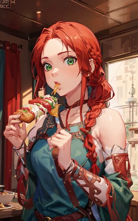 anime, hda, a medium up of a woman with (((red braided low ponytail hair))) and (((the most beautiful green eyes))) in (((blue outfit))), (((eating food))), 8k, Unreal Engine 5, octane render, by kyun, gamang, Yoon Gon-Ji, g.ho, gosonjak, shuroop, serious, domi, noah, trending on pixiv, fanbox, skeb, masterpiece, detailed face, smooth soft skin, big dreamy eyes, beautiful intricate colored hair, anime wide eyes, soft lighting, concept art, digital painting, <lora:hda:0.4>,