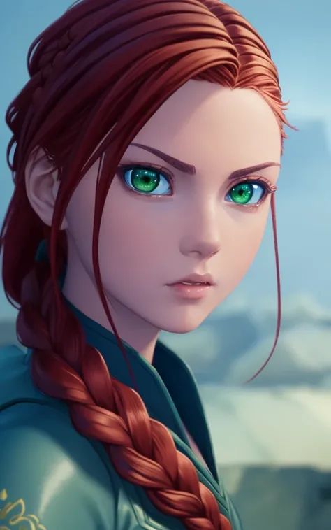 anime, hda, a medium up of a woman with (((red braided low ponytail hair))) and (((the most beautiful green eyes))) in (((blue outfit))), (((determined)), 8k, Unreal Engine 5, octane render, by kyun, gamang, Yoon Gon-Ji, g.ho, gosonjak, shuroop, serious, domi, noah, trending on pixiv, fanbox, skeb, masterpiece, detailed face, smooth soft skin, big dreamy eyes, beautiful intricate colored hair, anime wide eyes, soft lighting, concept art, digital painting, <lora:hda:0.4>,