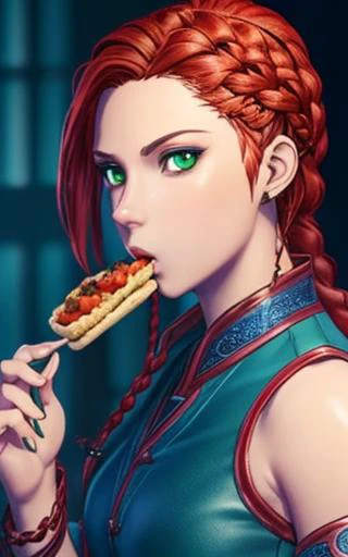 anime, hda, a medium of a woman with ((red braided low ponytail hair)) and (((the most beautiful green eyes))) in (((blue outfit))), (((eating food)), 8k, Unreal Engine 5, octane render, by kyun, gamang, Yoon Gon-Ji, g.ho, gosonjak, shuroop, serious, domi, noah, trending on pixiv, fanbox, skeb, masterpiece, detailed face, smooth soft skin, big dreamy eyes, beautiful intricate colored hair, symmetrical, anime wide eyes, soft lighting, concept art, digital painting, <lora:hda:0.4>,