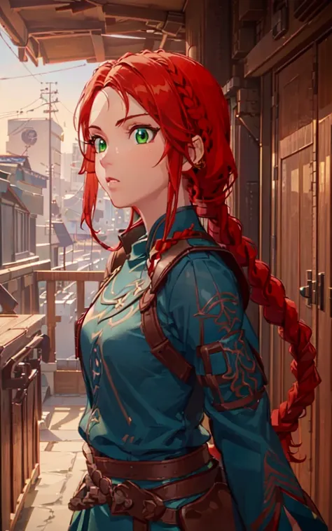 anime, hda, a close up of a woman with ((red braided low ponytail hair)) and (((the most beautiful green eyes))) in (((blue outfit))), (((determined)), 8k, Unreal Engine 5, octane render, by kyun, gamang, Yoon Gon-Ji, g.ho, gosonjak, shuroop, serious, domi, noah, trending on pixiv, fanbox, skeb, masterpiece, detailed face, smooth soft skin, big dreamy eyes, beautiful intricate colored hair, symmetrical, anime wide eyes, soft lighting, concept art, digital painting, <lora:hda:0.4>,