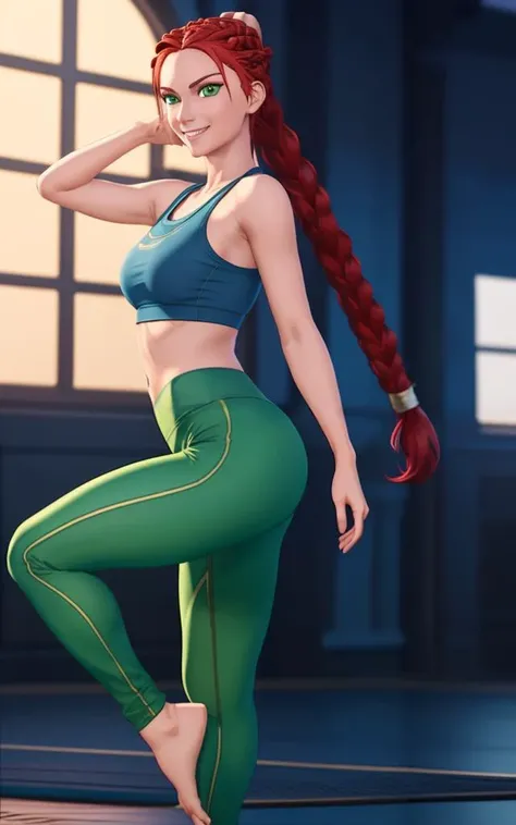 anime, hda, a medium up of a woman with (((red braided low ponytail hair))) and (((the most beautiful green eyes))) in (((blue yoga pants outfit))), (((smiling)), 8k, Unreal Engine 5, octane render, by kyun, gamang, Yoon Gon-Ji, g.ho, gosonjak, shuroop, serious, domi, noah, trending on pixiv, fanbox, skeb, masterpiece, detailed face, smooth soft skin, big dreamy eyes, beautiful intricate colored hair, anime wide eyes, soft lighting, concept art, digital painting, <lora:hda:0.4>,