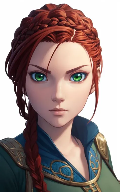anime, hda, a close up of a woman with ((red braided low ponytail hair)) and (((the most beautiful green eyes))) in (((blue outfit))), (((determined)), 8k, Unreal Engine 5, octane render, by kyun, gamang, Yoon Gon-Ji, g.ho, gosonjak, shuroop, serious, domi, noah, trending on pixiv, fanbox, skeb, masterpiece, detailed face, smooth soft skin, big dreamy eyes, beautiful intricate colored hair, symmetrical, anime wide eyes, soft lighting, concept art, digital painting, <lora:hda:0.4>,