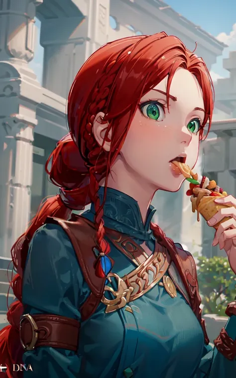 anime, hda, a medium up of a woman with (((red braided low ponytail hair))) and (((the most beautiful green eyes))) in (((blue outfit))), (((eating food))), 8k, Unreal Engine 5, octane render, by kyun, gamang, Yoon Gon-Ji, g.ho, gosonjak, shuroop, serious, domi, noah, trending on pixiv, fanbox, skeb, masterpiece, detailed face, smooth soft skin, big dreamy eyes, beautiful intricate colored hair, anime wide eyes, soft lighting, concept art, digital painting, <lora:hda:0.4>,