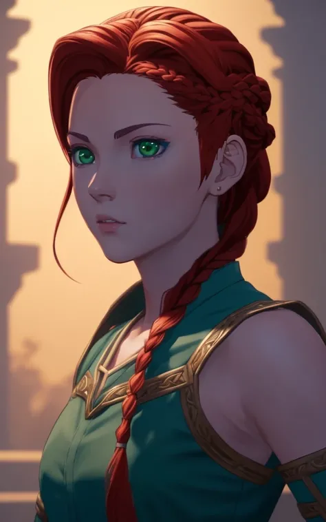 anime, hda, a medium up of a woman with (((red braided low ponytail hair))) and (((the most beautiful green eyes))) in (((blue outfit))), (((determined)), 8k, Unreal Engine 5, octane render, by kyun, gamang, Yoon Gon-Ji, g.ho, gosonjak, shuroop, serious, domi, noah, trending on pixiv, fanbox, skeb, masterpiece, detailed face, smooth soft skin, big dreamy eyes, beautiful intricate colored hair, anime wide eyes, soft lighting, concept art, digital painting, <lora:hda:0.4>,