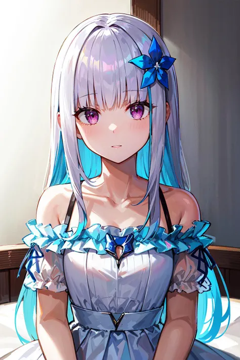 masterpiece, best quality, highres, lh1, hair flower, long hair, white dress, bare shoulders, collarbone, short sleeves, <lora:lize_helesta_v10:0.7>,