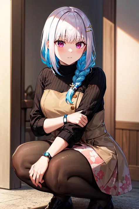 masterpiece, best quality, highres, lh1, hairclip, braid, pantyhose, long hair, brown dress, wristwatch, long sleeves, turtleneck sweater, jewelry, black pantyhose, floral print, hair over shoulder, pink dress, black sweater, <lora:lize_helesta_v10:0.7>, squatting,
