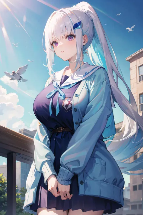 masterpiece, best quality, highres,
lh1, hair ornament, long hair, ponytail, open cardigan, blue cardigan, white sailor collar, long sleeves, blue ribbon, school uniform, serafuku.
<lora:lize_helesta_v10:0.7>, cowboy shot,outdoors,(big breasts:1.3),