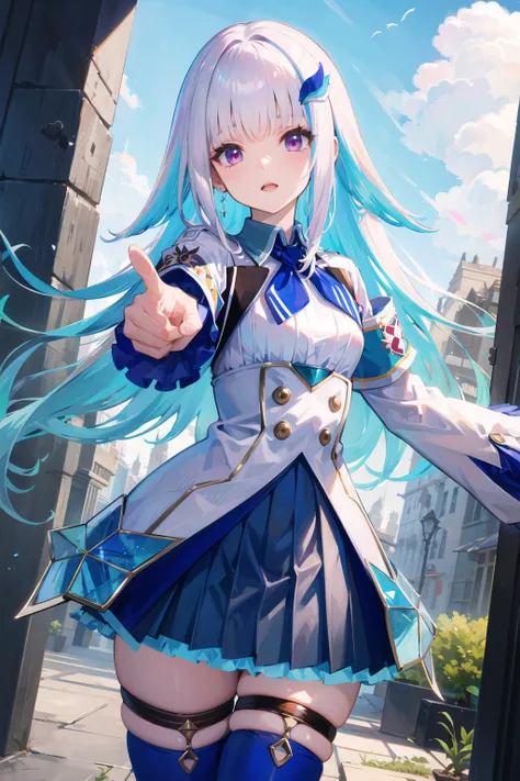 masterpiece, best quality, highres, lh1, hair ornamnet, thighhighs, long hair, long sleeves, pleated skirt, blue thighhighs, armband, frilled skirt, white jacket, white shirt, blue skirt, thigh strap, <lora:lize_helesta_v10:0.7>, cowboy shot, pointing, outdoors