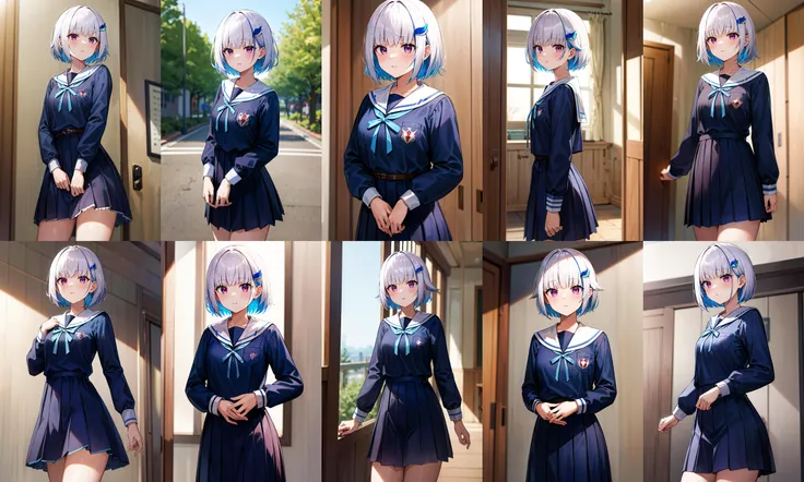 masterpiece, best quality, highres, lh1, hair_ornament, short hair, serafuku, blue shirt, sailor collar, long sleeves, blue ribbon, school uniform, <lora:lize_helesta_v10:0.7>, cowboy shot, standing,