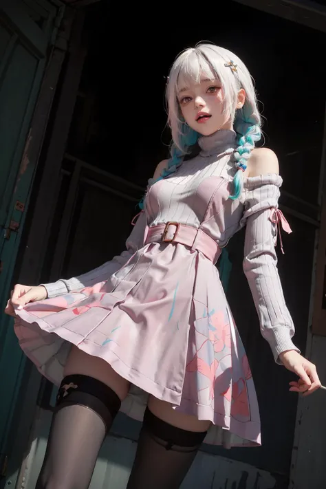 masterpiece,best qual,ity,official art,extremely detailed CG unity 8k wallpaper,bokeh,high contrast,(muted colors, dim colors, soothing tones:1.3),exposure blend,(cinematic, teal and orange:0.85),
smile,blush,medium breasts,<lora:breastsOutExposed_24:0.7>,breastsout,
<lora:age_changer_last:2>,<lora:ç¶ç¶V3:0.4>,
<lora:skirt lift pov by Goofy Ai:0.8>,((skirt lift)),((disgust expression)),((from_below)),((looking down)),No panties,<lora:m99_labiaplasty_pussy_2:0.7>,((pussy)),
<lora:lize_helesta_v10:0.7>,lh1,hairclip,braid,pantyhose,brown dress,wristwatch,long sleeves,turtleneck sweater,jewelry,black pantyhose,floral print,hair over shoulder,pink dress,black sweater,