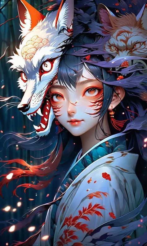 anime artwork ((masterpiece)),((best quality)),8k,high detailed,ultra-detailed,intricate detail,((huapighost)),close-up,1girl,Chinese folklore,A cunning fox spirit,disguised as a beautiful maiden,in a moonlit bamboo forest,(enchanting and deceptive),Ethereal moonlight filtering through bamboo leaves,(smoke effects),Mystical and beguiling atmosphere,monochrome with a touch of red,Asymmetric composition,Brush stroke: ink and wash effect,capturing the allure of the fox spirit,<lora:huapighost:1>, . anime style, key visual, vibrant, studio anime, highly detailed