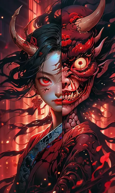 anime artwork anime artwork ((masterpiece)),((best quality)),8k,high detailed,ultra-detailed,intricate detail,((huapighost)),close-up,1girl,Chinese folklore,surrealism,A seductive demoness wearing a beautiful maiden's skin,(sinister and alluring),Eerie crimson light casting a hellish glow on her face,(sinister aura),Dark and diabolical atmosphere,deep red and black color palette,Asymmetric composition,Brush stroke: impasto,capturing the unsettling beauty of the demoness,<lora:huapighost:1>, . anime style, key visual, vibrant, studio anime, highly detailed