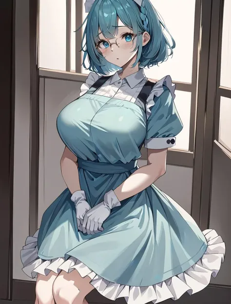 ((masterpiece, best quality, high quality)),1girl, (lower body, hospital), <lora:Long Nurse Apron 1:0.6> (nurse_uniform_long_3, gloves, apron, nurse cap, nurse,long dress), <lora:Sachie Uchiyama:0.7> (Sachie Uchiyama, 3dcg 11, 1girl, short hair, large breasts, hair between eyes, glasses, single braid, aqua_eyes, aqua_hair, pale_skin, pale-skinned female, bob cut, big hair),