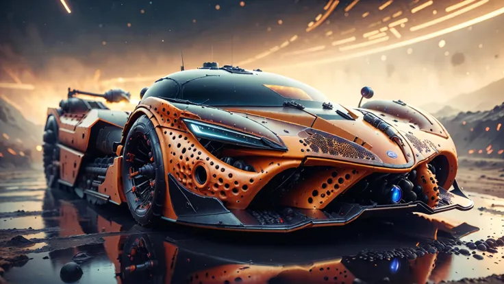 HDR photo of cinematic film still a concept [hypercar : heavy tank :10],<lora:InfraBlackholeTechAISDXL:0.9>,inblackholetechAI,<lora:EnvyTrypophobiaXL01:0.9>, trypophobia, . shallow depth of field . High dynamic range