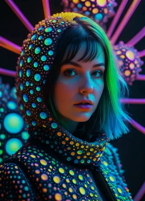 woman wearing Fashion designs inspired by radiolarians <lora:EnvyTrypophobiaXL01:0.4> trypophobia <lora:IOS_Iridescent_opal_style:0.6> <lora:MJ52_XL:0.6>, subsurface scattering, Photorealistic, Hyperrealistic, analog style, realistic, film photography, soft lighting, heavy shadow, Ombre color scheme of neon orange, neon pink, neon blue, neon yellow, neon green,