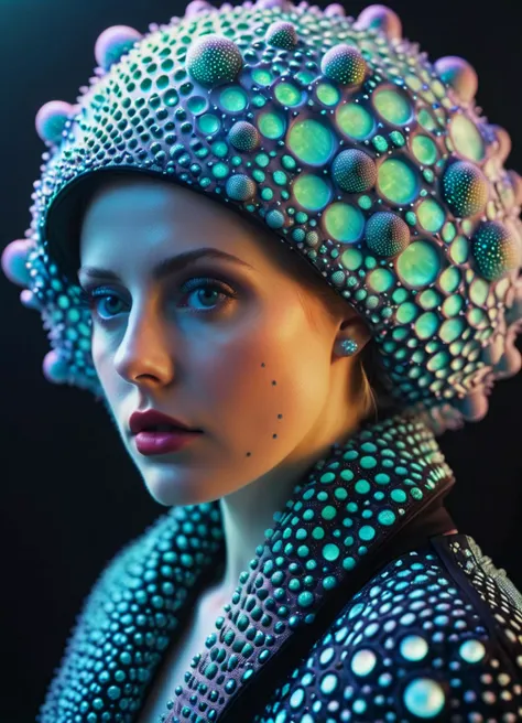 woman wearing Fashion designs inspired by radiolarians <lora:EnvyTrypophobiaXL01:0.4> trypophobia <lora:IOS_Iridescent_opal_style:0.6> <lora:MJ52_XL:0.6>, subsurface scattering, Photorealistic, Hyperrealistic, analog style, realistic, film photography, soft lighting, heavy shadow