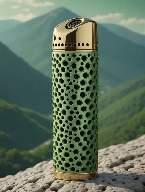 <lora:EnvyTrypophobiaXL01:1> trypophobia, concept art, Serbian Cigarette lighter, with green patterns, sleek, mountains in background, L USM, Highres