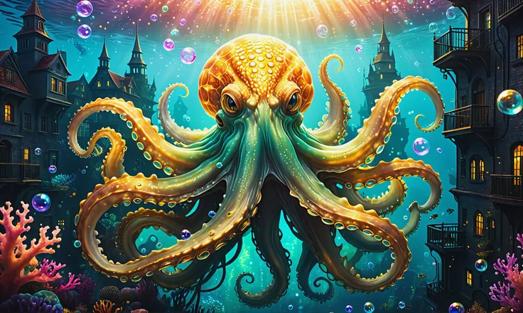 photorealistic, detailed digital illustration of a Spectral kraken surrounded by ethereal glow at a Floating city with transparent undersea bubbles <lora:xl_more_art-full_v1:0.4>, <lora:gorgoeus_splash_of_vibrant_paint:0.7> Gorgeous splash of vibrant paint, Golden hour, <lora:EnvyTrypophobiaXL01:0.8> trypophobia