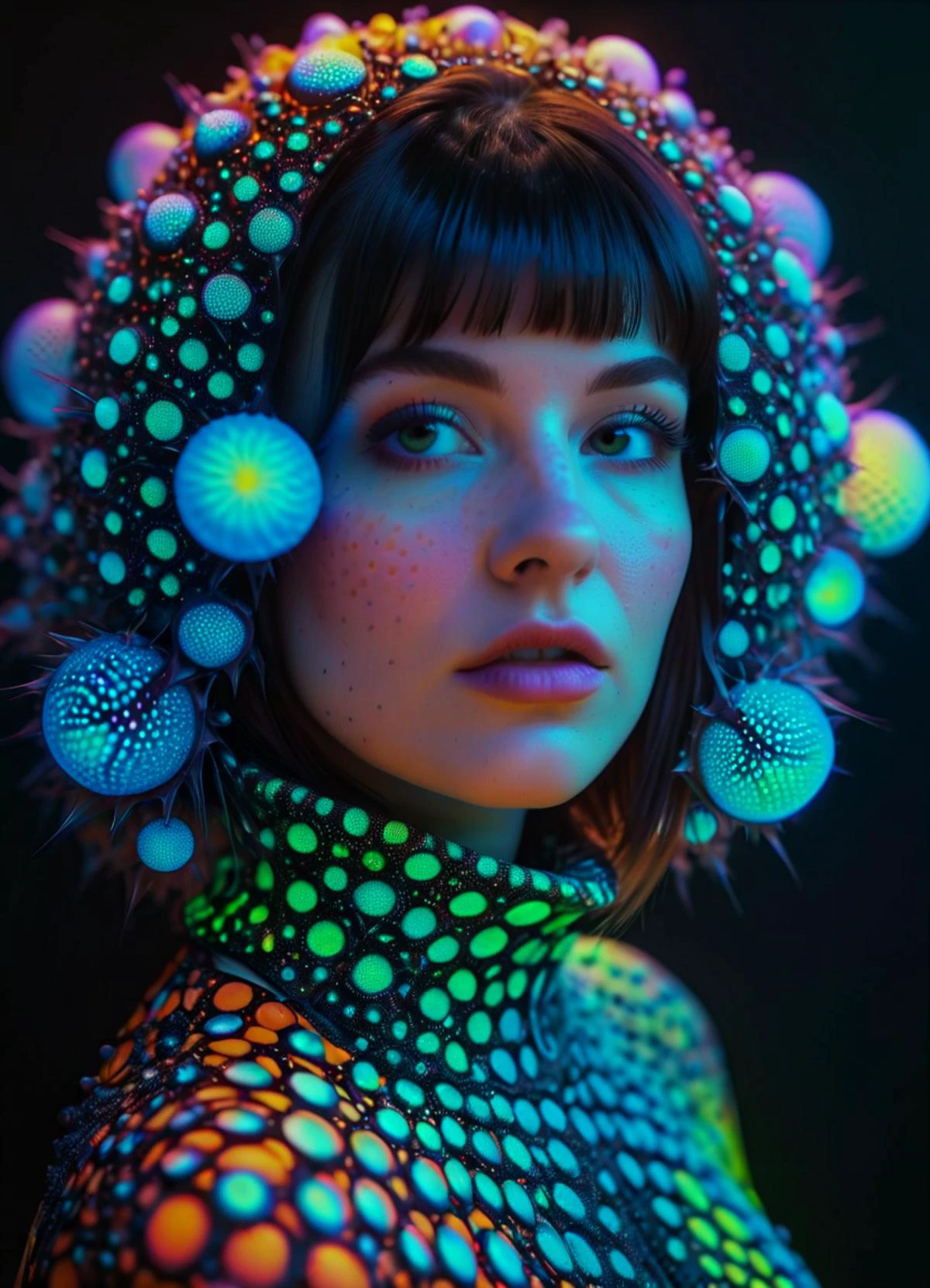 woman wearing Fashion designs inspired by radiolarians <lora:EnvyTrypophobiaXL01:0.4> trypophobia <lora:IOS_Iridescent_opal_style:0.6> <lora:MJ52_XL:0.6>, subsurface scattering, Photorealistic, Hyperrealistic, analog style, realistic, film photography, soft lighting, heavy shadow, Ombre color scheme of neon orange, neon pink, neon blue, neon yellow, neon green,
