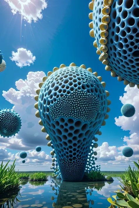 trypophobia, noon, blue sky, clouds, scenery, in a Freshwater Biome<lora:EnvyTrypophobiaXL01:1>