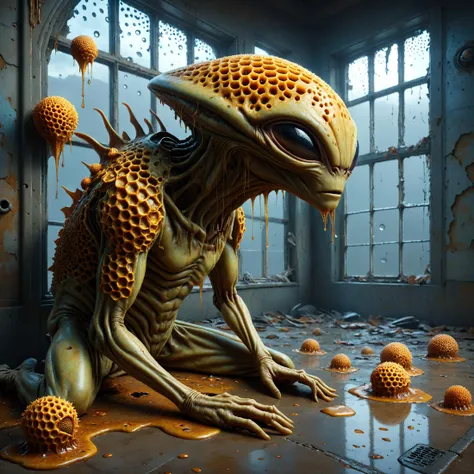 ral-hnycmb alien flora, Eerie, abandoned asylum with shattered windows in the background, trypophobia,, Storm Lighting, cin3, sharp focus digital painting, concept art, award winning illustration by Greg Rutkowski, WLOP, Artgerm, Alex Grey, Ruan Jia and Fenghua Zhong<lora:ral-hnycmb:0.8> <lora:EnvyTrypophobiaXL01:0.8> <lora:MJ52:0.4> <lora:cine:0.7>