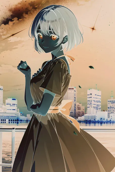((masterpiece, best quality, detailed)), 1girl, solo, dress, night, smile, white dress, star \(sky\), sky, looking at viewer, starry sky, blue eyes, blue ribbon, braid, ribbon, brown hair, night sky, outdoors, hair ribbon, bangs, blush, hand on own chest, closed mouth, short hair, shooting star, cityscape, holding, looking to the side, standing, from side, short sleeves, city lights, hand up, petals