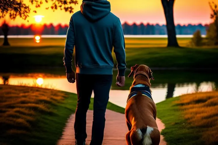 at park, sunset, (highly detailed background:1.0), 1man, (dog:1.1), full_body, from behind, hoodie, masterpiece, best quality, lake, grass, walking, chromatic aberration, depth of field, soft lighting