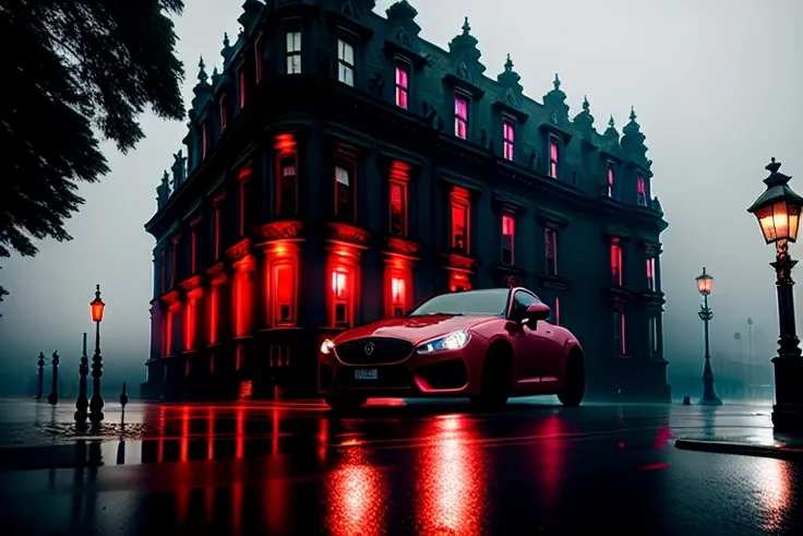 Masterpiece, gothic palace, foggy, darkness, empty street, streetlight, (statues all over the street:1.2), red sport car, puddles on the pavement, high quality, red light, in the style of Greg rutkowski