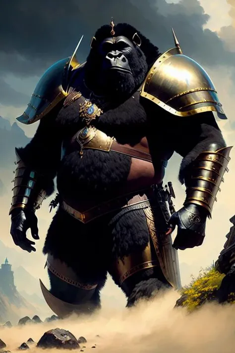 modelshoot style, (extremely detailed CG unity 8k wallpaper), body photo of the most beautiful artwork in the world, medieval armor, body portrait, big black gorila, professional majestic oil painting by Ed Blinkey, Atey Ghailan, Studio Ghibli, by Jeremy Mann, Greg Manchess, Antonio Moro, trending on ArtStation, trending on CGSociety, Intricate, High Detail, Sharp focus, dramatic, photorealistic painting art by midjourney and greg rutkowski