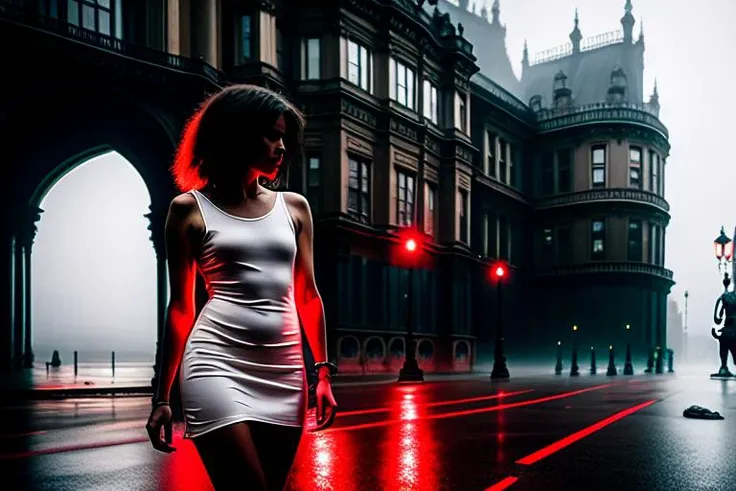 Masterpiece, gothic palace, foggy, darkness, empty street, streetlight, (Gorilla statues all over the street:1.2), red sport car, puddles on the pavement, (woman wearing a white short dress:1.2), high quality, red light, in the style of Greg rutkowski