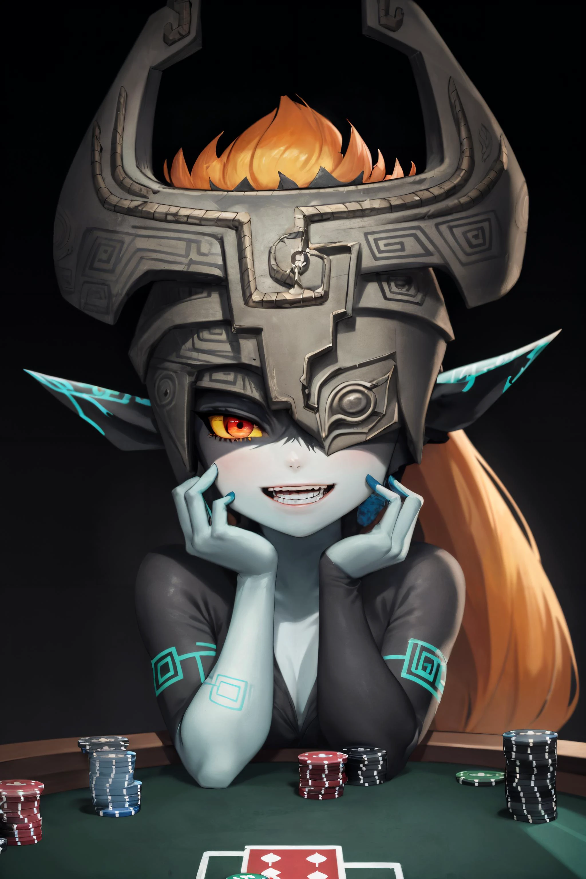 midna playing poker against link <lora:midna-v1-novelai:0.8>, helmet ,orange hair, red eyes, yellow sclera,