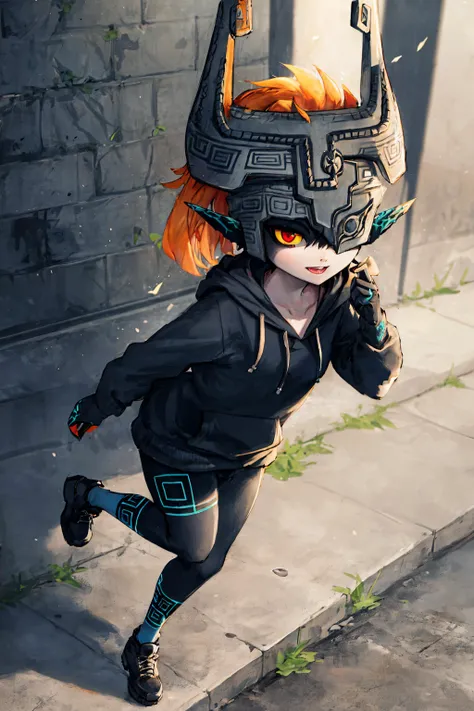 midna in the street <lora:midna-v1-novelai:0.8>, helmet ,orange hair, red eyes, yellow sclera, hoodie