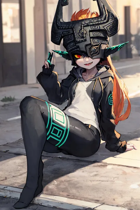 midna in the street <lora:midna-v1-novelai:0.8>, helmet ,orange hair, red eyes, yellow sclera, hoodie