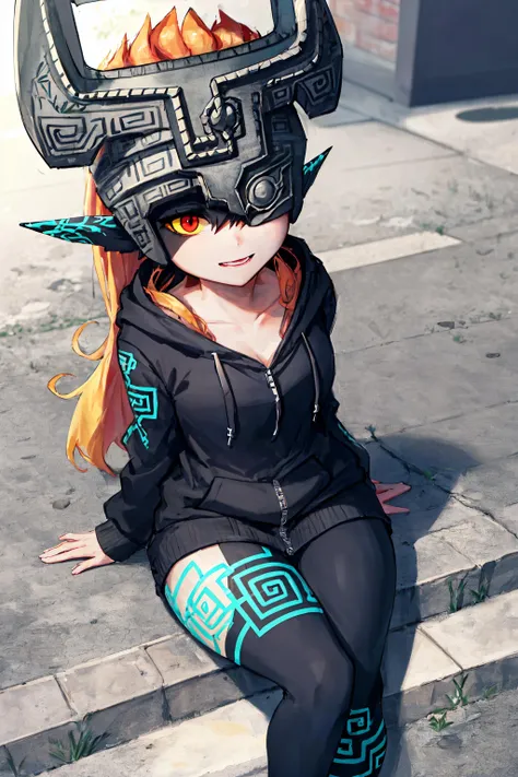 midna in the street <lora:midna-v1-novelai:0.8>, helmet ,orange hair, red eyes, yellow sclera, hoodie