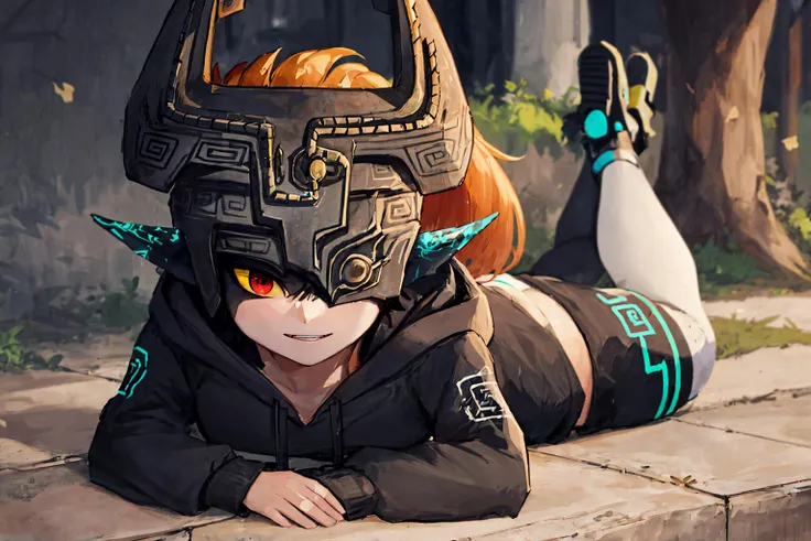 midna in the street <lora:midna-v1-novelai:0.8>, helmet ,orange hair, red eyes, yellow sclera, hoodie